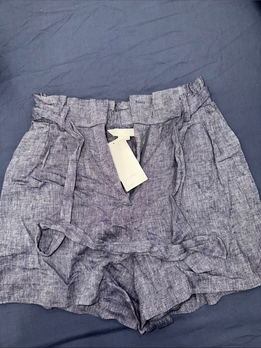 NWT!! High-Waist Paperbag Linen-Blend Shorts in Heather Blue